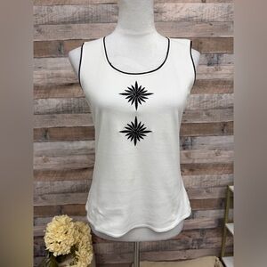 Ann Trinity White Tank Top with Black Embroidered Flowers